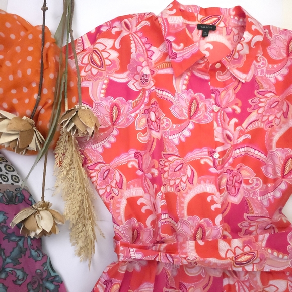 New Talbots Pocketed Belted Pink Floral Maxi Shirt Dress Sz 14 - Picture 7 of 8